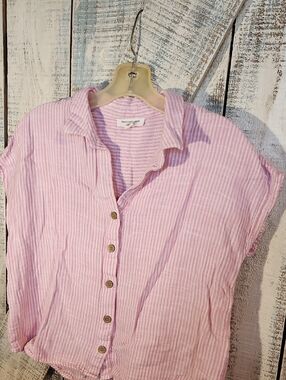 BEACHLUNCH LOUNGE  M Pink White Stripes Cap Sleeve Shirt Summer Vacay